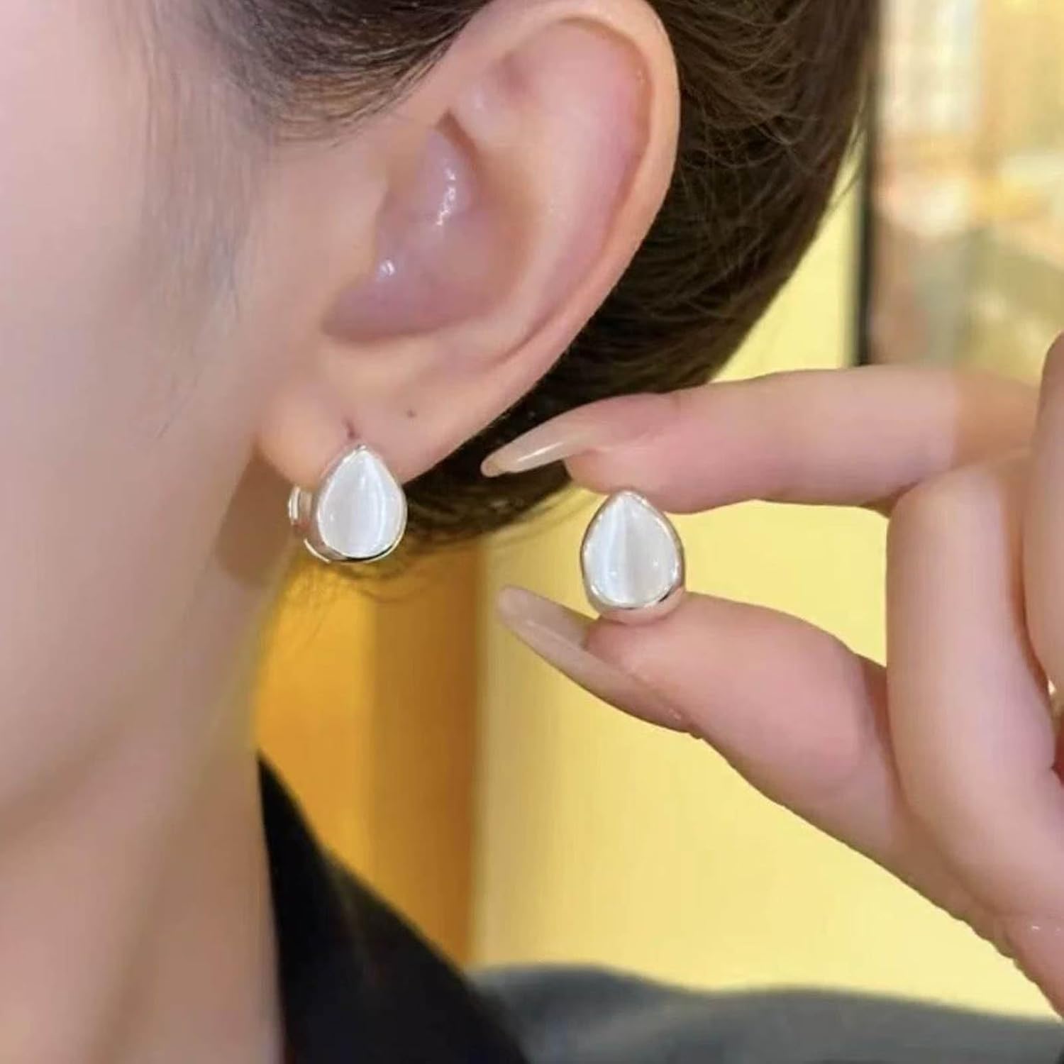 Vintage Opal Teardrop Ear Jacket Earrings Tiny Waterdrop Jacket Stud Earrings Opal Teardrop Hoop Huggie Earrings Silver Minimal Earrings Jewelry for Women - Image 2