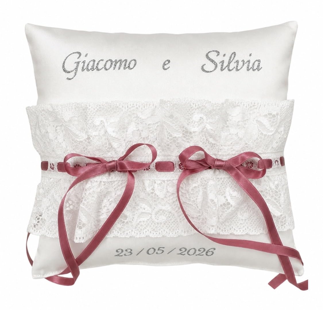 Cuscino Porta Fedi Nuziali Matrimonio Personalizzato con Nomi degli Sposi e Data, Fatto a Mano in Cotone Bianco e Pizzo