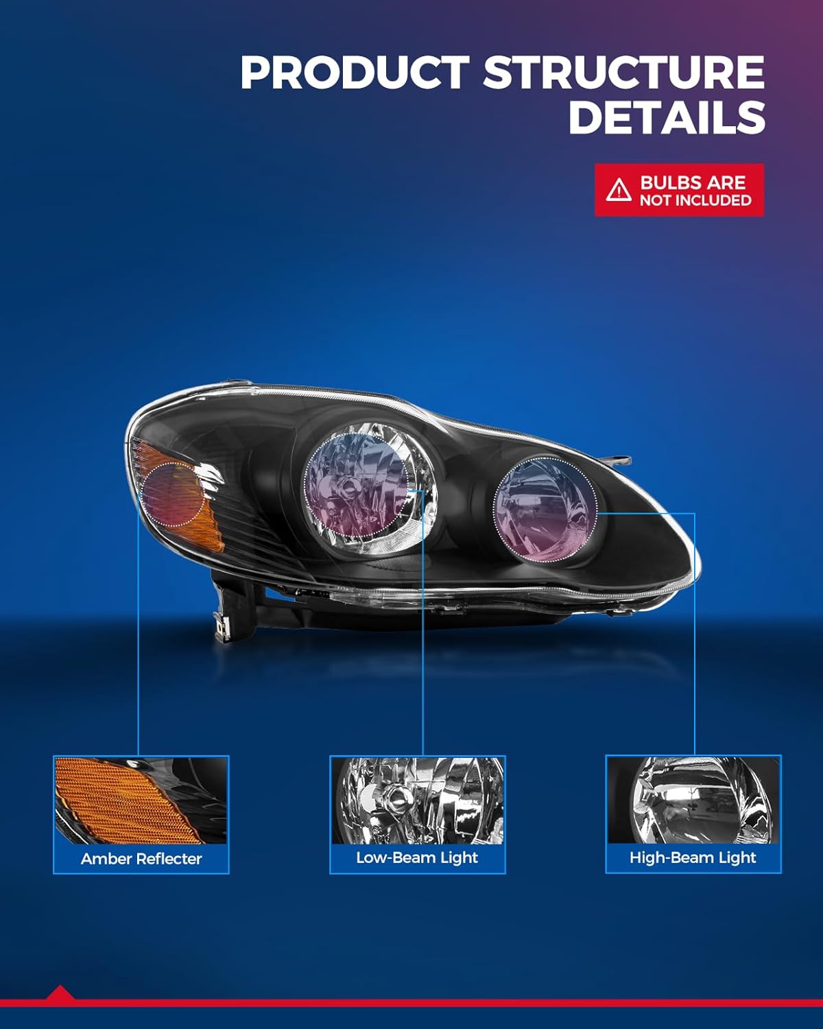 KAX Headlight Assembly, Black Headlights Compatible with 2003-2008 Corolla CE/LE/S Amber Reflector Color Clear Lens Color