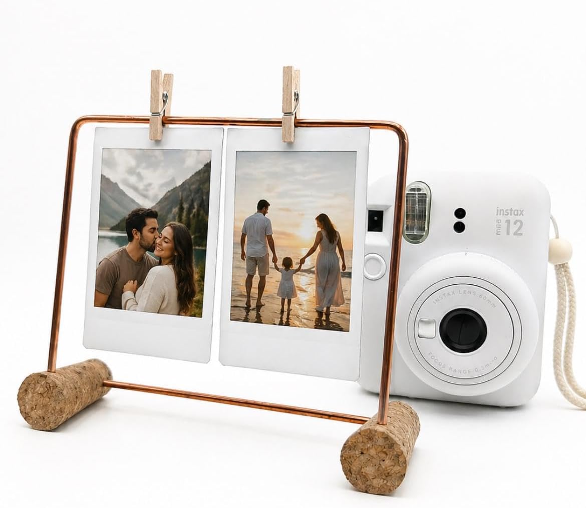 Copper Wire Photo Holder 4.5in Stand for 2x3 Mini Pictures, Boho Desk Decor, Tabletop Frame with Cork Base