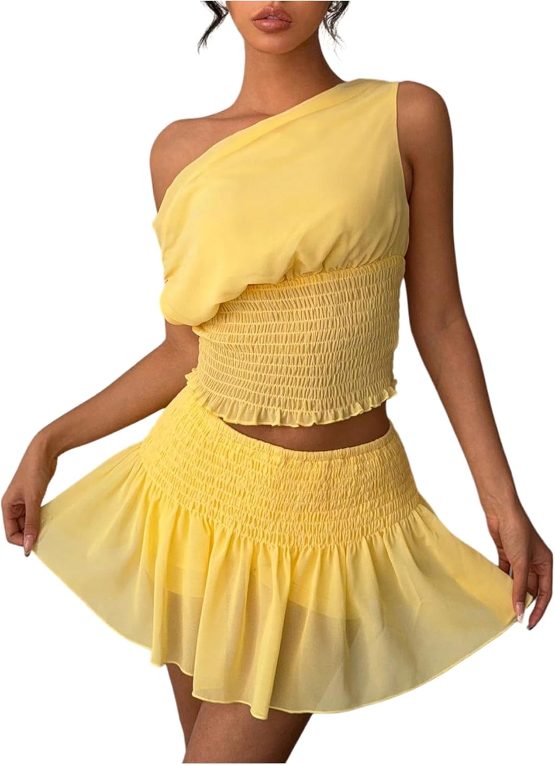 WDIRARA Women's One Shoulder Mesh Asymmetrical Tank Top and Ruched Mini Skirts 2 Pieces Outfits