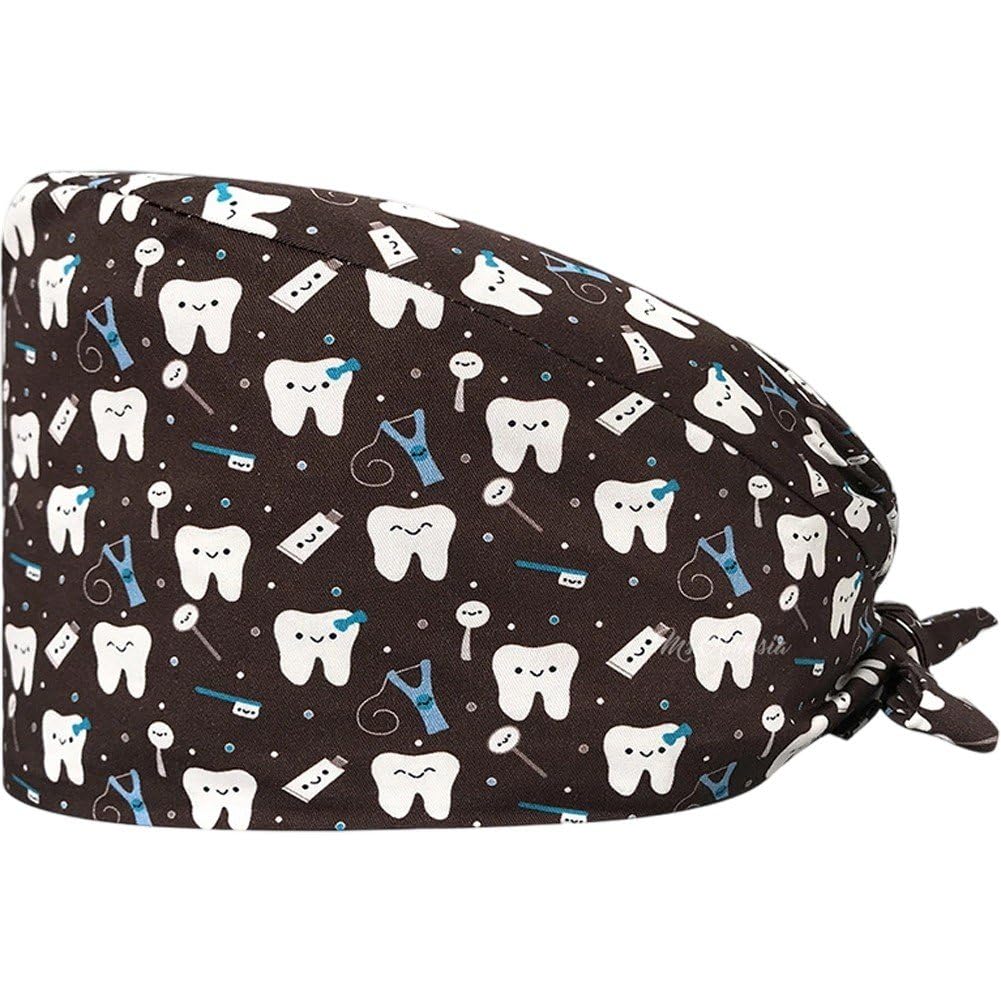 Baokuan Dentist Surgical Cap - Cute Teeth Print Scrub Hat, Unisex Doctor Nurse Headwear, Elastic Reusable Dental Operating Cap