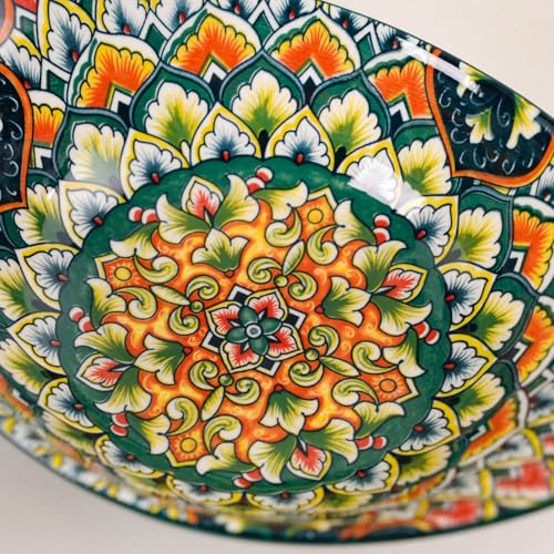 Image of Nestasia Mandala Ceramic Serving Bowl with Handles (400 ml) - Microwave & Dishwasher Safe Pasta Bowl | Floral Bowl with Glossy Finish - Ideal for Soup, Curries, Snacks, Salad & Noodles (Green)
