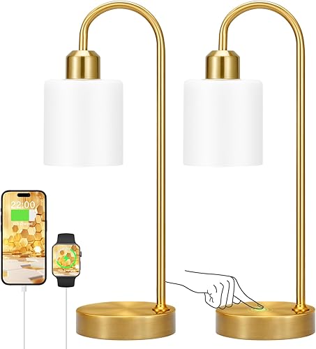 Lámparas de escritorio de oro ópalo para oficina en casa, lámpara dorada táctil regulable de 3 vías con puertos USB C+A, lámpara de mesita de noche