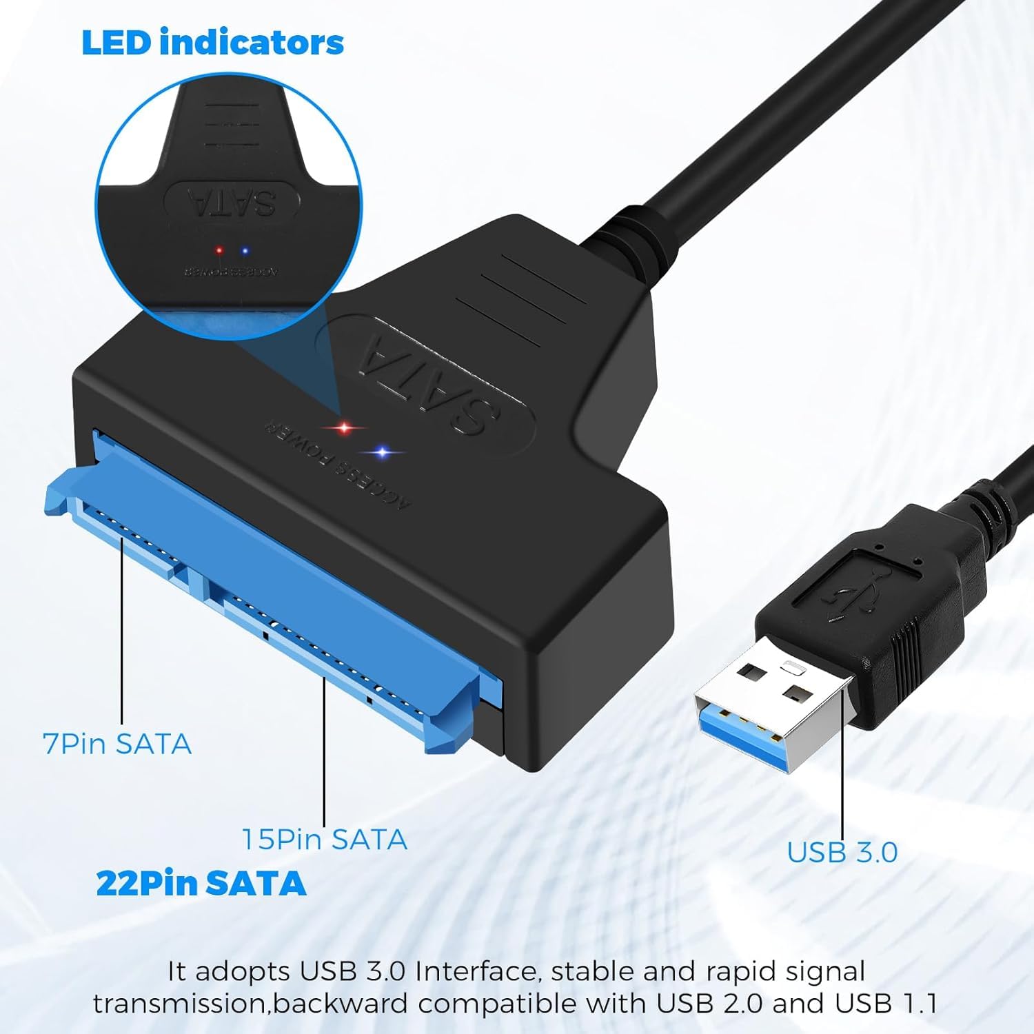 YIIFELL Kabel SATA na USB, adapter USB 3.0 na SATA do 2,5 cala HDD i SSD, konwertera SSD/HDD, kompatybilny z systemami operacyjnymi Windows, Mac i Linux