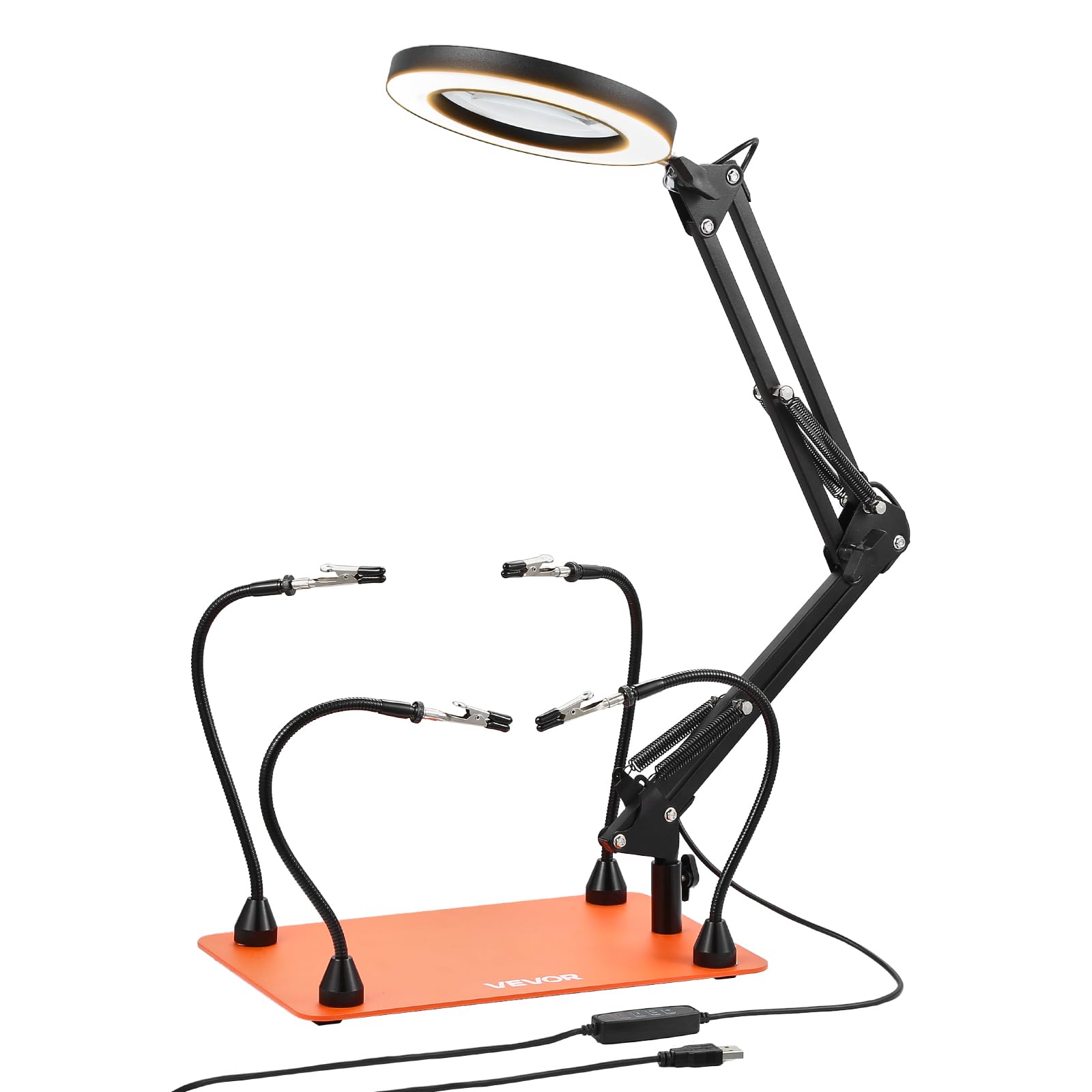 VEVOR Troisième Main Soudure à 4 Bras Flexibles, Station Aide de Soudage Magnétique, avec Lampe Loupe LED 3X, Base en Acier Robuste et Antidérapante, pour Réparation Électronique, Artisanat, Bricolage