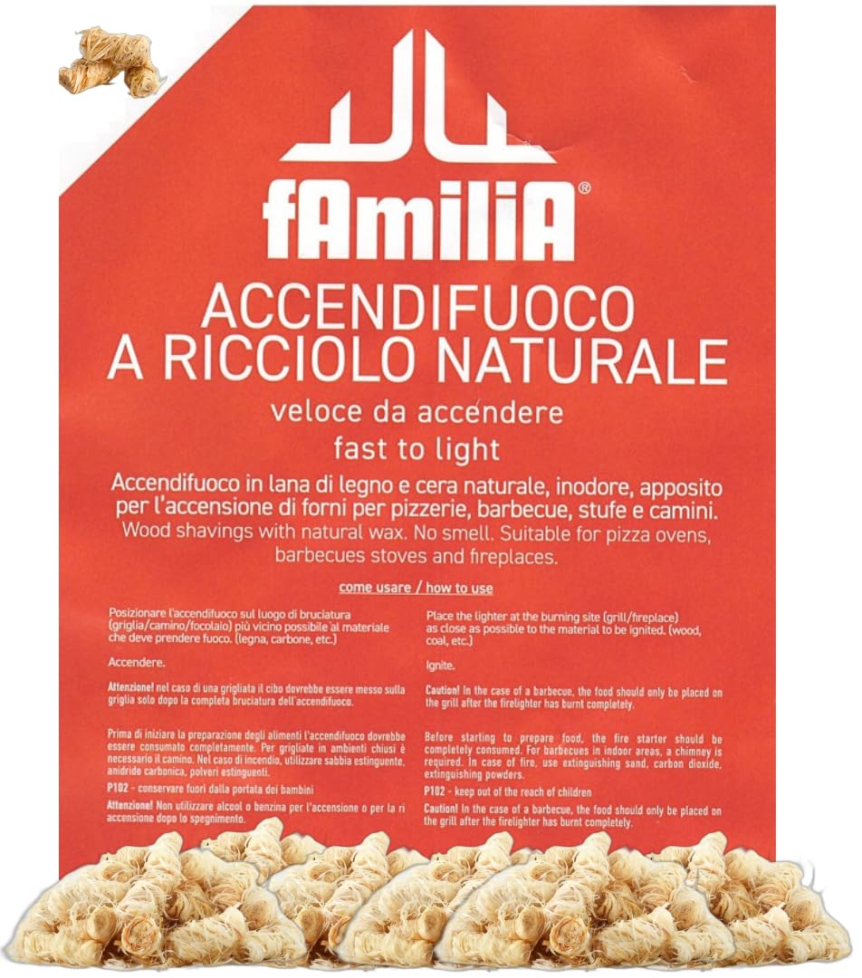 Accendifuoco a Ricciolo Naturale Familia Forni per Pizzeria ,Lana di Legno e Cera Naturale, Ecologico Inodore, 20pz(12, Accendifuoco a Ricciolo)