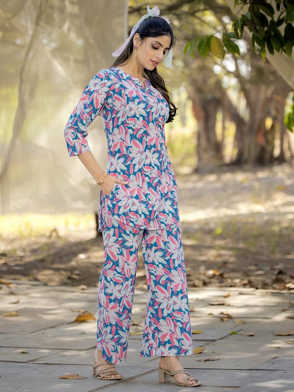 Image of Pinkmint Women's Pure Cotton Co Ord Set l Kurta Sets for Women |Kurta Sets| Printed Kurta with Pant l Stylish Pocket & 3 /4 Sleeve Women Co-ord Set (Avaiable in Plus size)