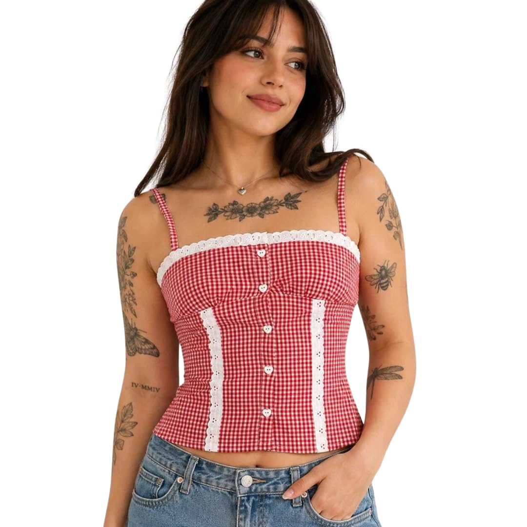 Lush & Loom Lifestyle Women's Gingham Check Corset Top | Sleeveless Cami Top with Lace Detailing | Fitted Crop Top for Women-picture-55