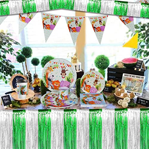 Image of 6 Pack 10 Feet Silver Green Foil Fringe Garland Metallic Tinsel Streamers Banner Wall Hanging Backdrop Banner for Parade Floats, Thanksgiving, Christmas, Birthday, Halloween Party Decorations