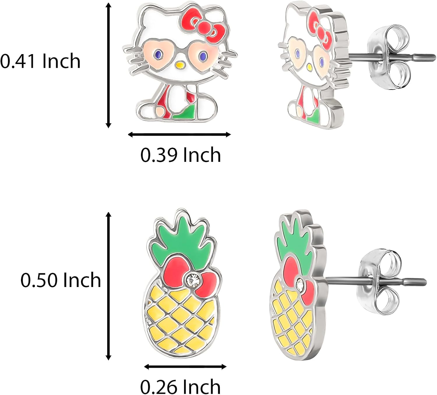Sanrio Hello Kitty Stud Earrings for Women Official License 2-Pair Pack, Silver Flash-Plated and Crystal Hello Kitty Earrings