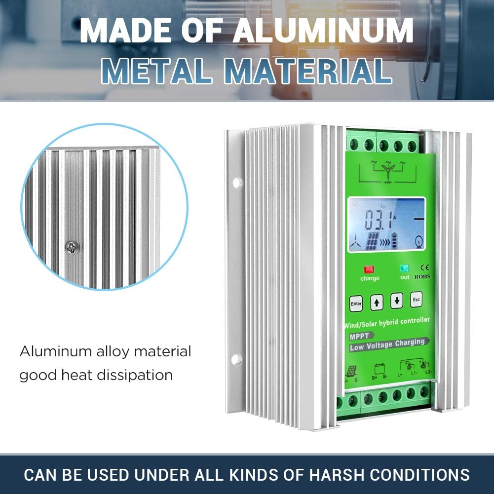 1000W Wind Solar Hybrid Charge Controller 12V/24V MPPT Boost Charge Regulator with LCD Display and Free Dump Load Accurate (600W Wind + 400W Solar)