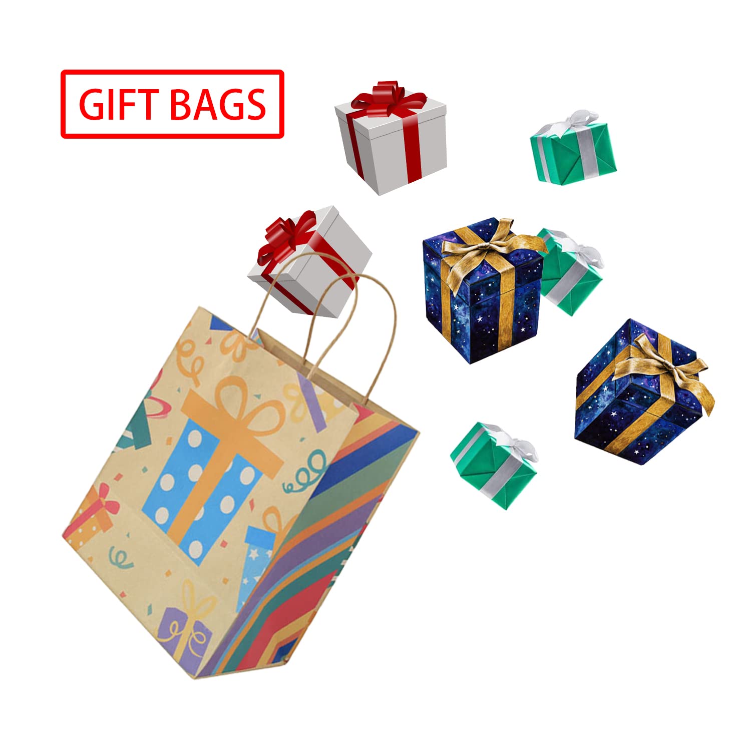 IKesoce 12 Sacchetti Regalo In Carta Kraft Con Manici – Confetti Colorati, 20.7x14x26.2 Cm, Per Compleanno E Natale