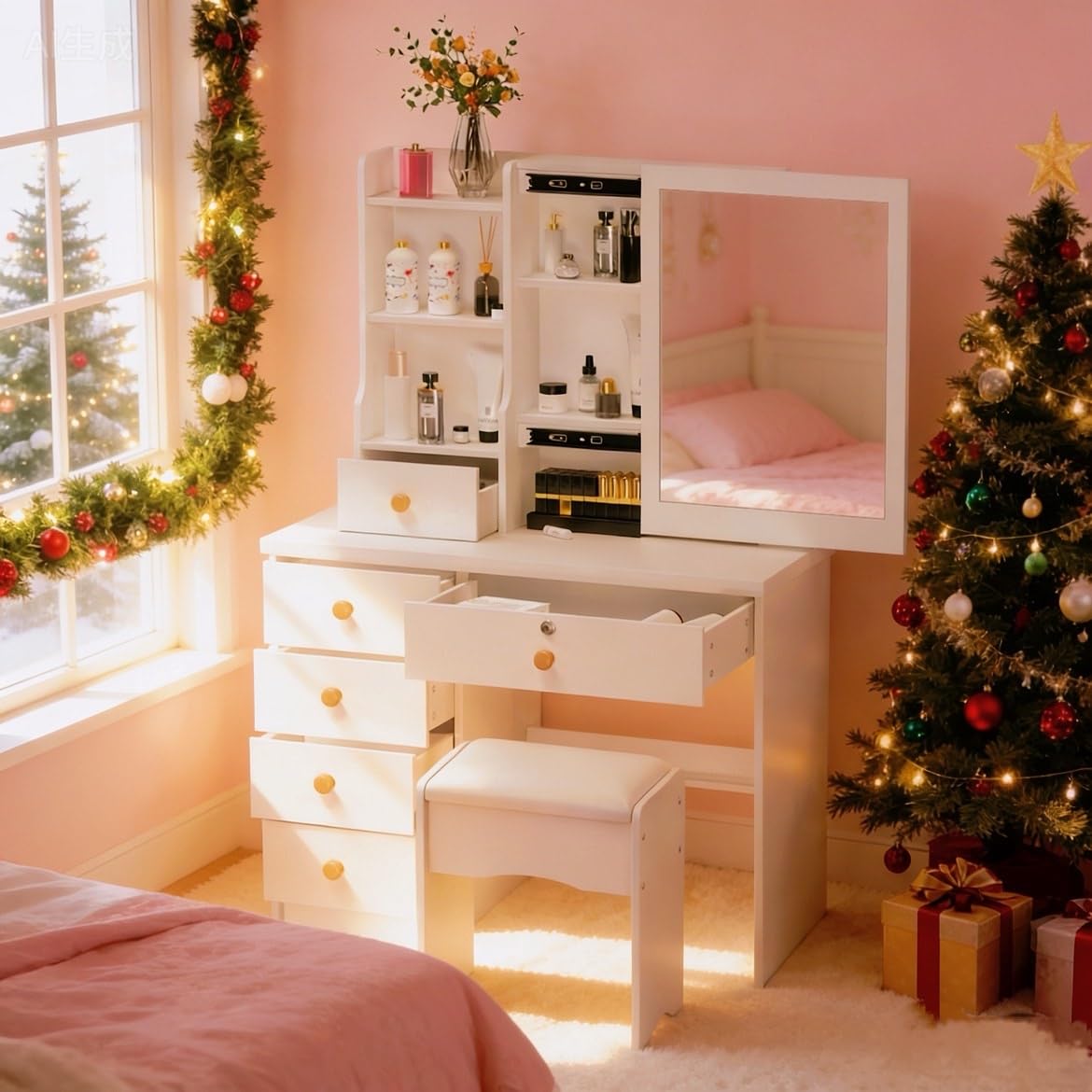 Wilitto Vanity Desk with Sliding Mirror, Makeup Vanity with Extra Hidden Stroage,Makeup Desk with 6 Drawers and Open Shelves,Dressing Table for Bedroom,Girls Small Room Vanities White