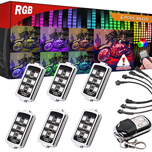 Motorcycle Underglow Neon LED Accent Light Kit - 6pcs Pods Multi-Color RGB LED Lights Kit Strip with Remote Controller