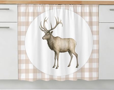 Elk Silhouette Under Sink Curtain Waterproof No Drill Cabinet Curtain with Hook and Loop, Linen Texture Sink Skirt for Closet Bathroom, Shelf, and Laundry Room Storage 10" Wx11 L Beige