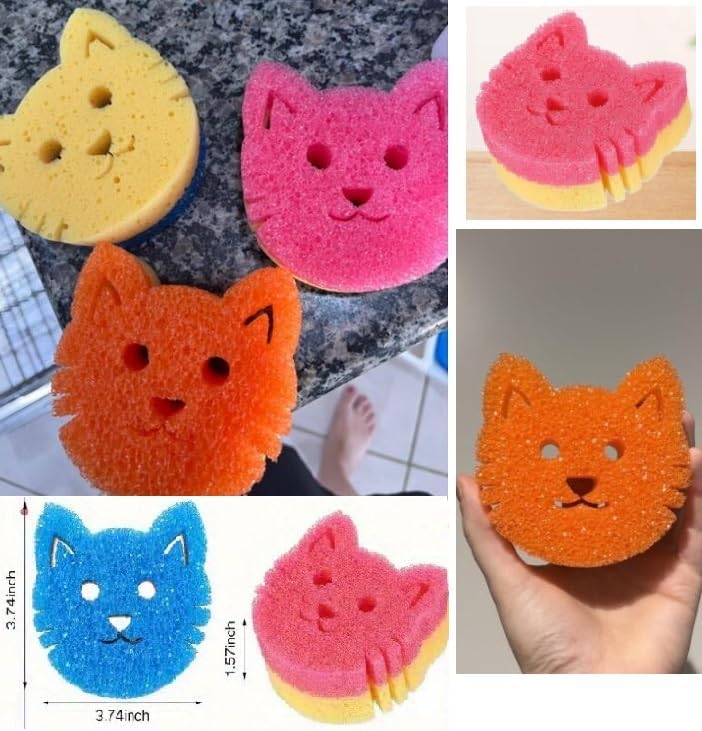 3Pcs Cats Dual Sided Scrub Sponge Multi Functional Non Scratch Dish Sponge Temperature Sensitive Non Scratch Dish Sponge