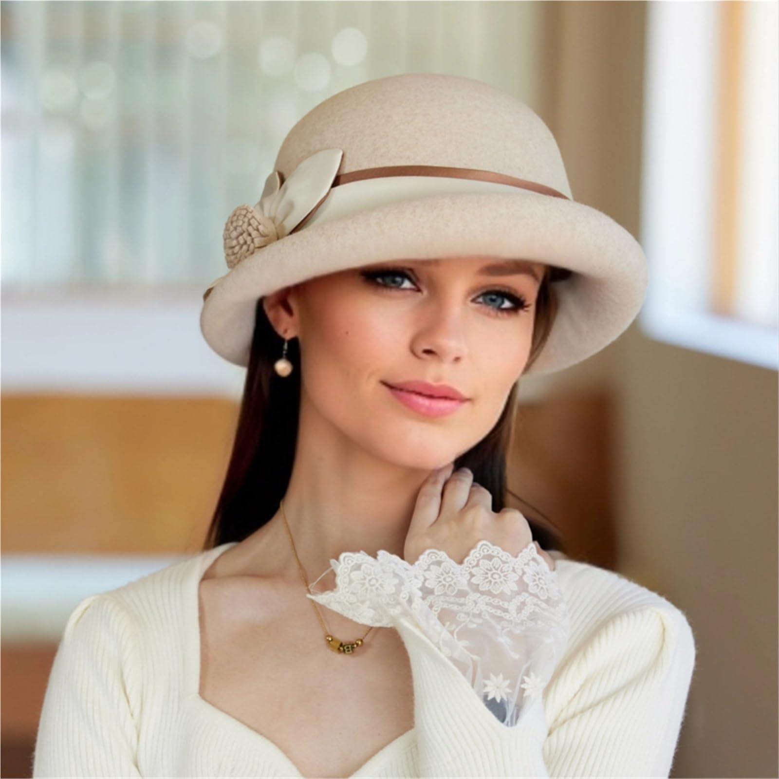 Bombetta Donna Cappello Fedora Francese in Tweed di Lana Vintage | Cappelli da donna eleganti in feltro con tesa arrotolata traspirante for donna autunno e inverno
