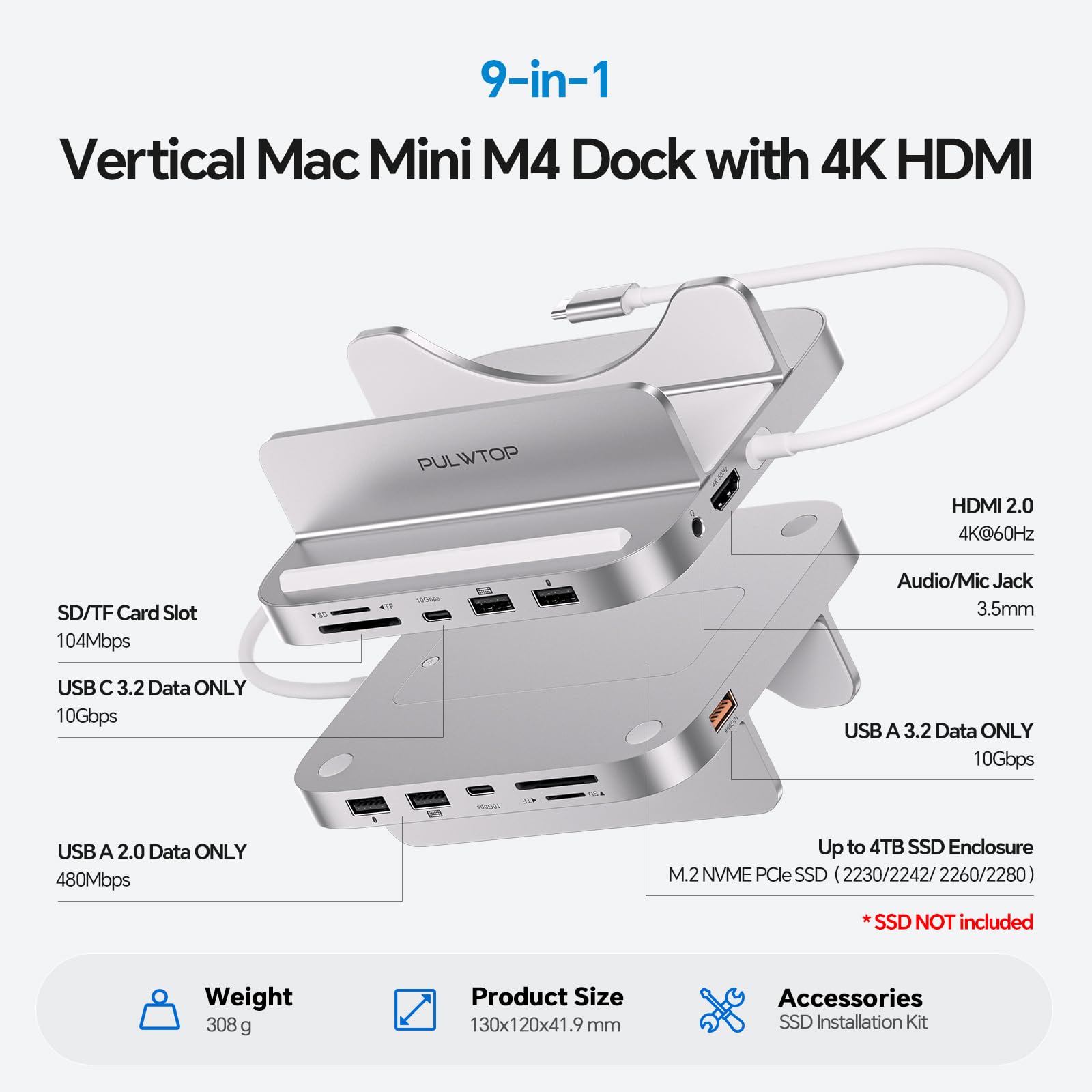Stacja dokująca Mac mini M4 z obudową 4 TB M.2 SSD i HDMI 4K, aluminiowy pionowy hub USB-C do Mac mini M4 Pro, stojak USB-A/C 10 Gb/s, 2 x USB-A 2.0, 3,5 mm Audio, SD/TF (SSD nie jest