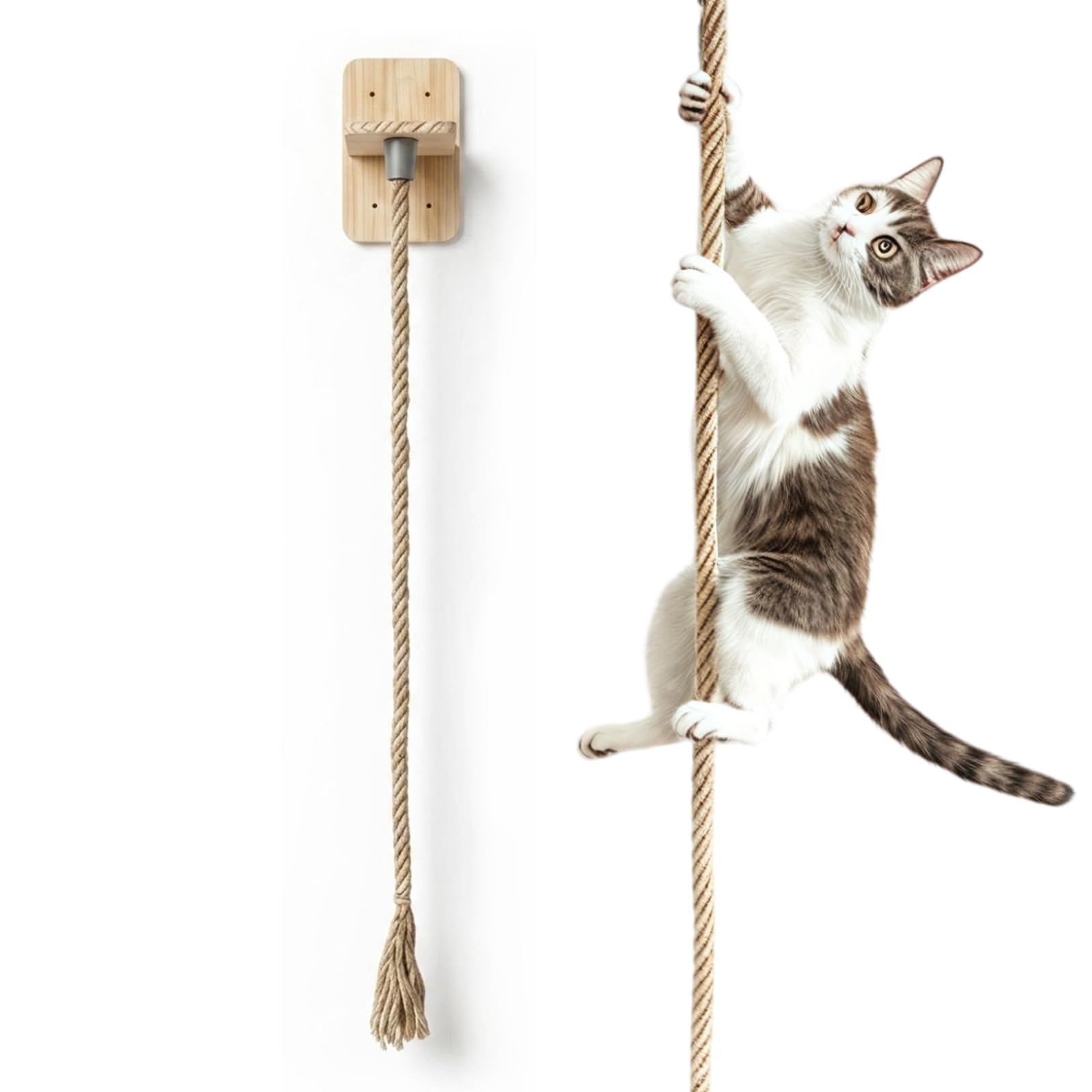 Cat Climbing Rope, Natural Cat Wall-Mounted Hemp Rope Ladder Climbing Set with Mounting Screws, Suitable for Indoor and Outdoor Cats for Jumping Playing and Climbings Activities(1.3M)