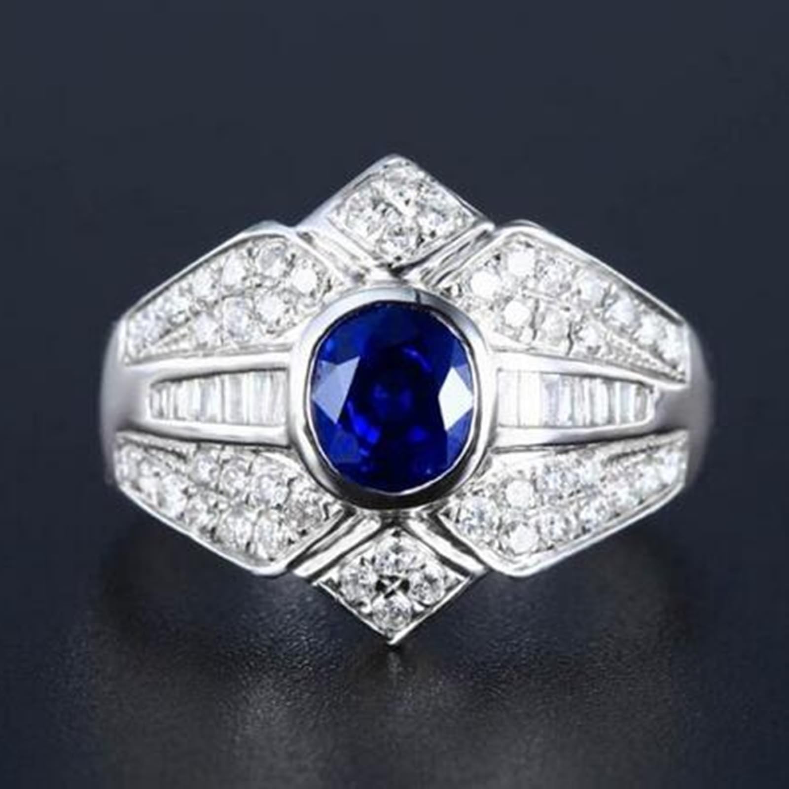 Fede nuziale da donna in oro bianco 18 carati con zaffiro blu ovale con zaffiro blu da 1,23 carati e diamanti misura 45, 45 (14.3), metallo prezioso, zaffiro, 45 (14.3), Metallo, Zaffiro