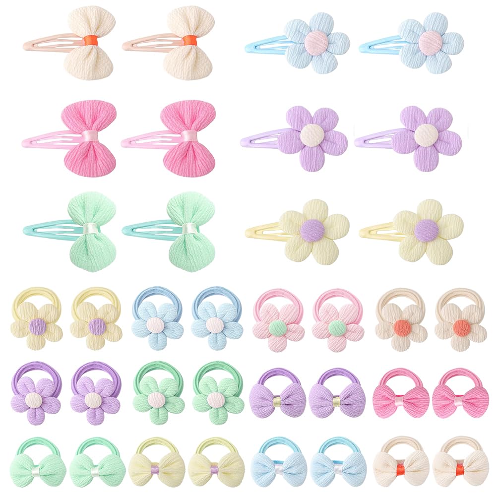36Pcs Hair Accessories Set for Women - Mini Flower Hair Clips & Bow Elastic Bands - Fabric Snap Slides & Bobbles for Fine Hair, Braids, Fringe & Styling - Soft Ribbed Texture (Pastel Colours)