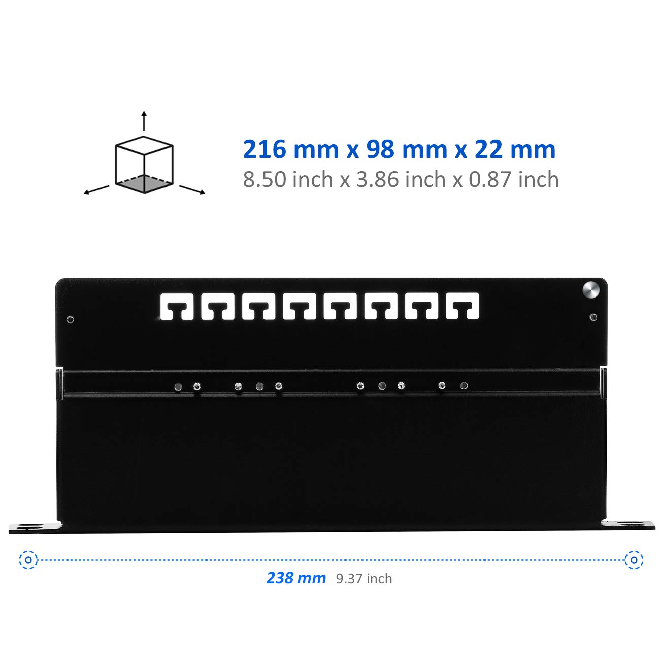 deleyCON Panneau de Brassage 8 Port 0,5U Cat 6 Mini Panneau de Brassage Support de Montage Rack 10" Pouces RJ45 Blindé TIA568A TIA568B - Noir