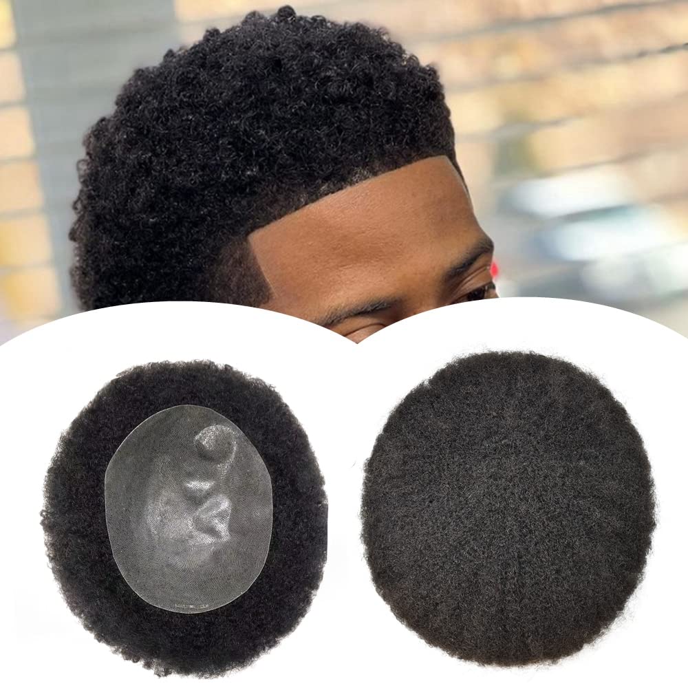 Hair Unit for Black Men Afro Toupee Curly Hair Replacement System Hair Piece African American Man Hairpiece (1# Jet Black, 6MM Afro Wavy)