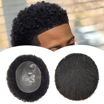 Hair Unit for Black Men Afro Toupee Curly Hair Replacement System Hair Piece African American Man Hairpiece 1# Jet Black, 6MM Afro Wavy