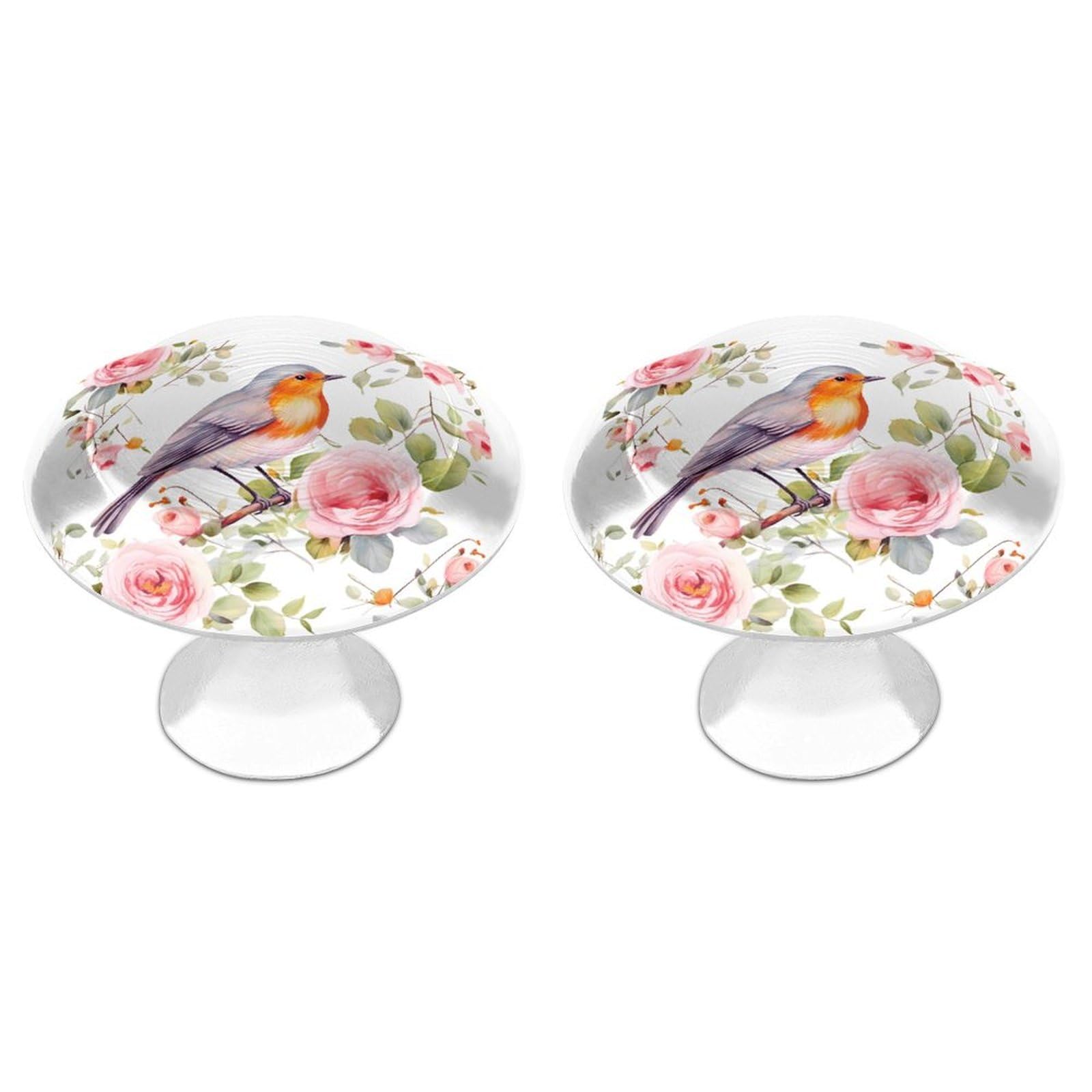 Fekiloot White Floral Print Watercolor Robin Bird Cabinet Knobs For Kitchen Ornament, Round Zinc Decorative Drawer Pulls For Cabinets Trendy, Dresser Drawers Pulls Bathroom Dresser Knob With Screw