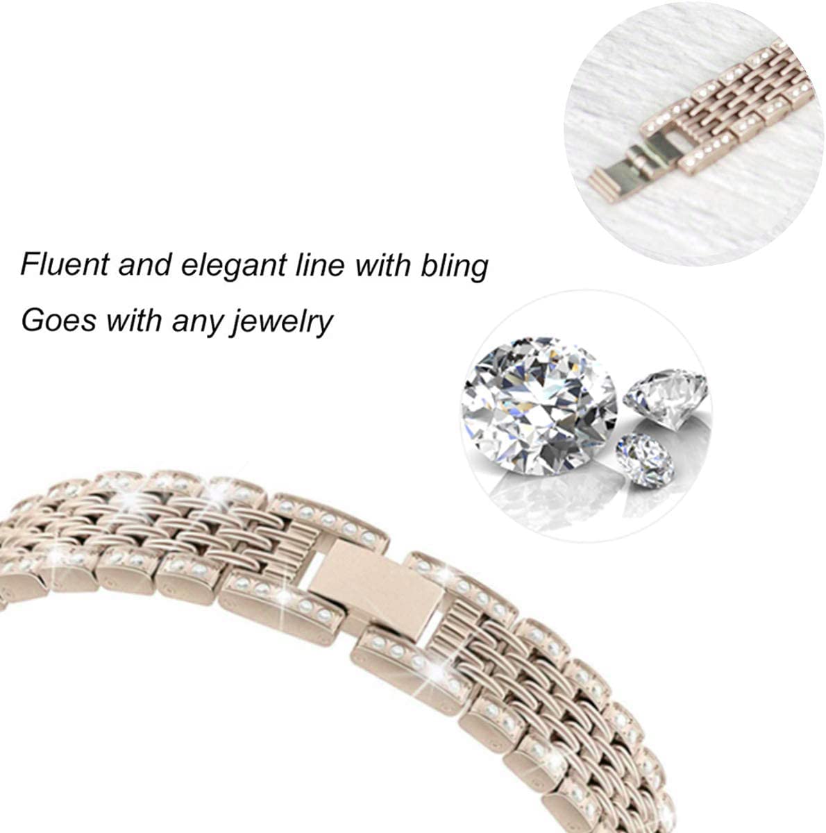 Mtozon Metal Bands Compatible with Fitbit Sense 2/Sense/Versa 4/Versa 3, Replacement Rhinestone Bling Wristband for Women, Champagne Gold