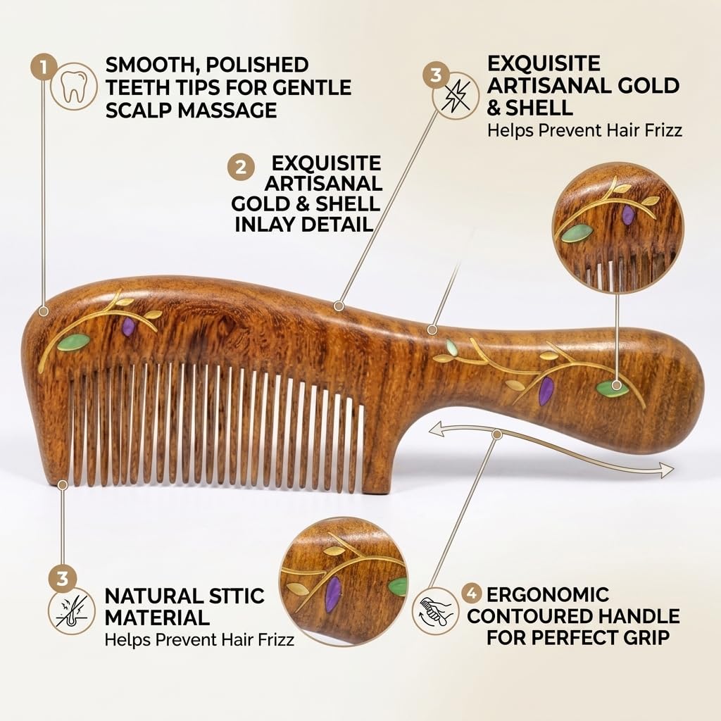 Peine de madera de sándalo, hecho a mano, peine de madera de sándalo, antiestático, peine de pelo de dientes finos para mujeres, peine para barba, buen regalo (Forever Young)