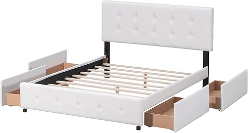 Miniatura 5 de JIVOIT Cama de plataforma de almacenamiento tamaño Queen con 4 cajones cama de plataforma tapizada de tela de lino con cabecera clásica marco de