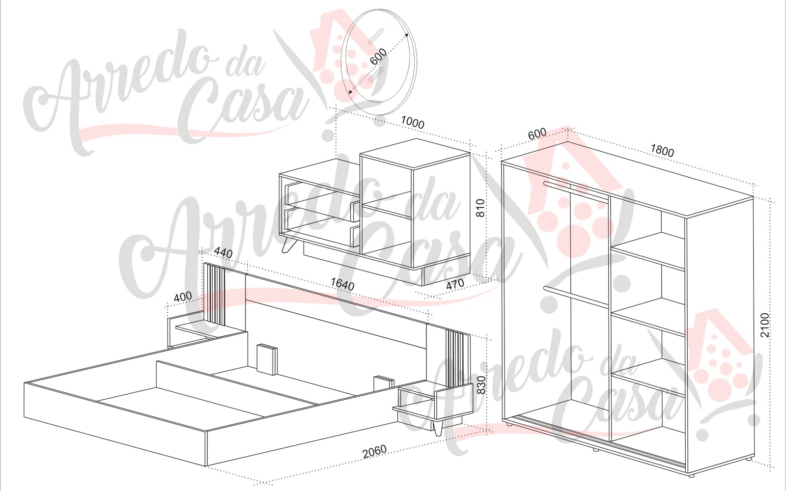Camera da Letto Matrimoniale Completa con Armadio 2 Ante Battenti Letto Matrimoniale con Comodini e Comò Dotato di 2 Cassetti 1 Anta e 1 Specchio Cemento Scuro e Quercia Dorata CDLU31