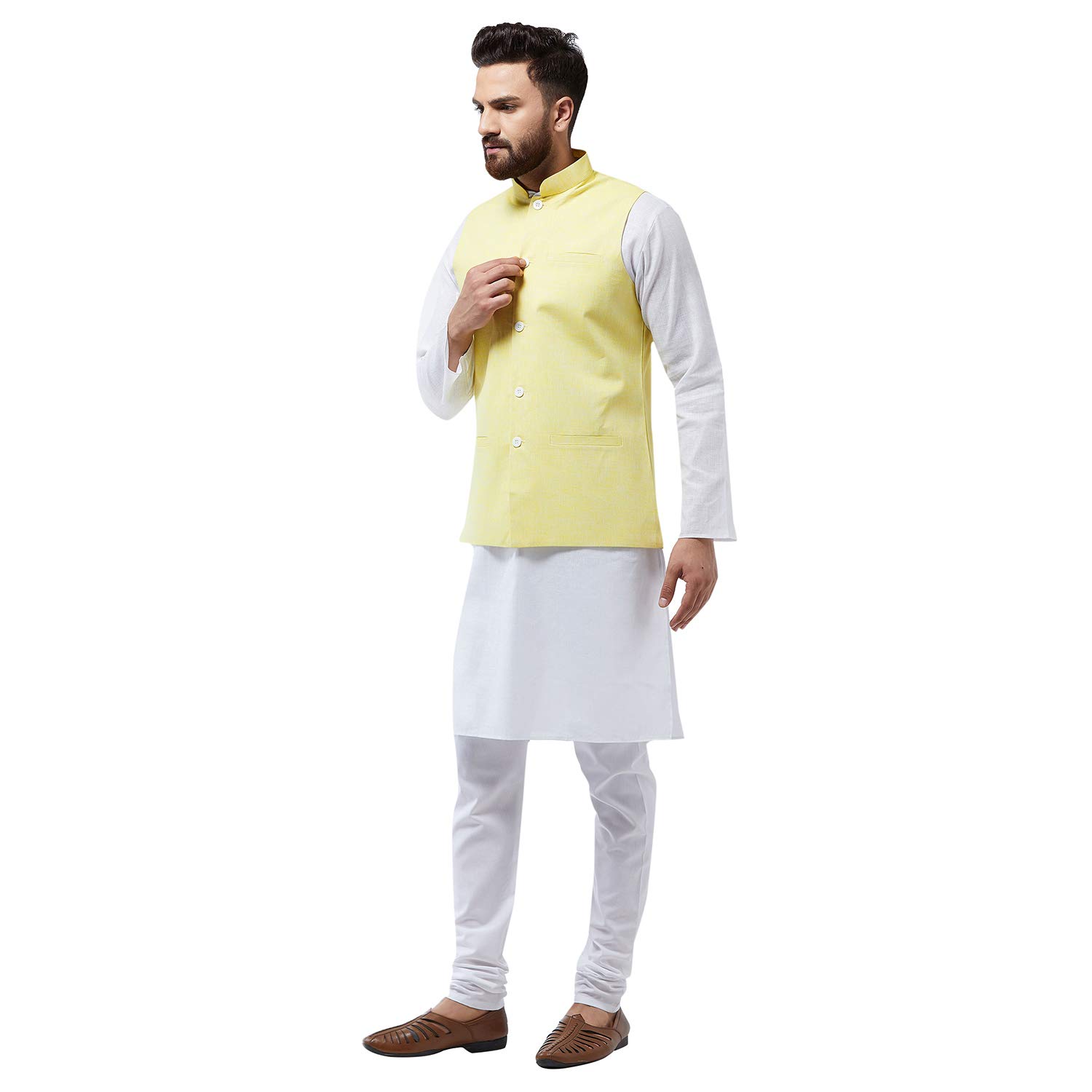 Sojanya (Since 1958 Men's Cotton Linen White Kurta With White Pyjama & Lemon Nehrujacket Combo Size 38