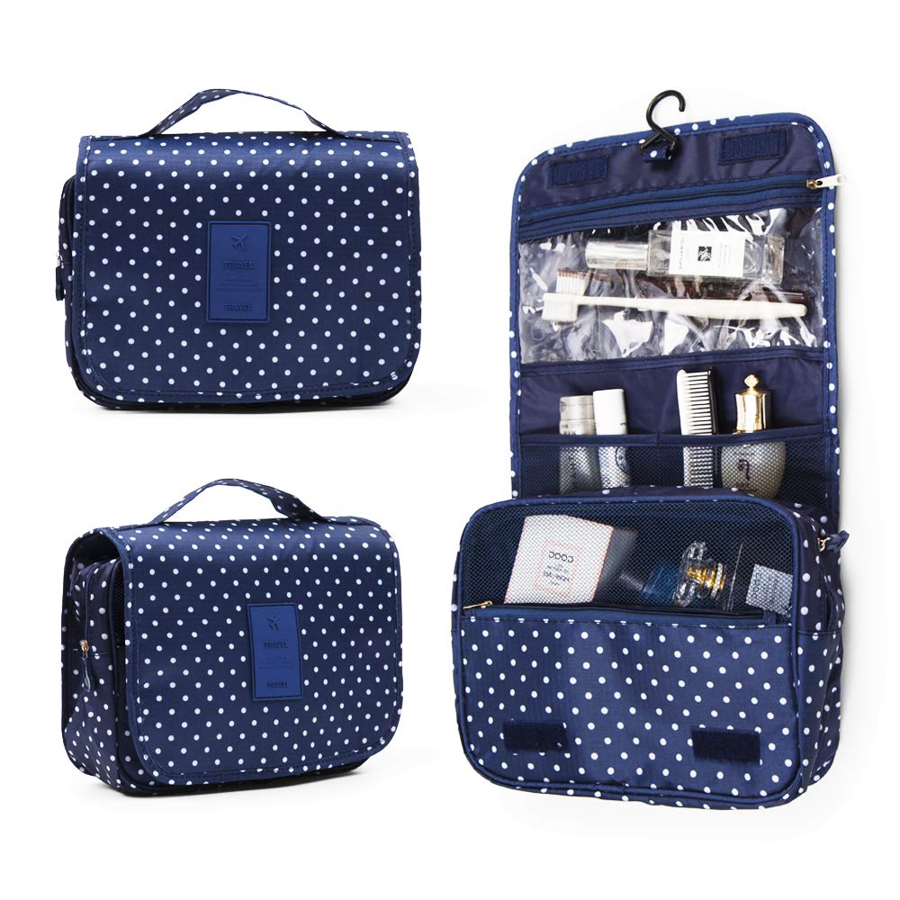 Multifunctional Lightweight Toiletry Bags Travel Cosmetic Bags For Women Waterproof Make Up Organizer with Sturdy Hook Portable Compact Bathroom Pouch with Large Capacity (Large, Navy Blue-Dots)
