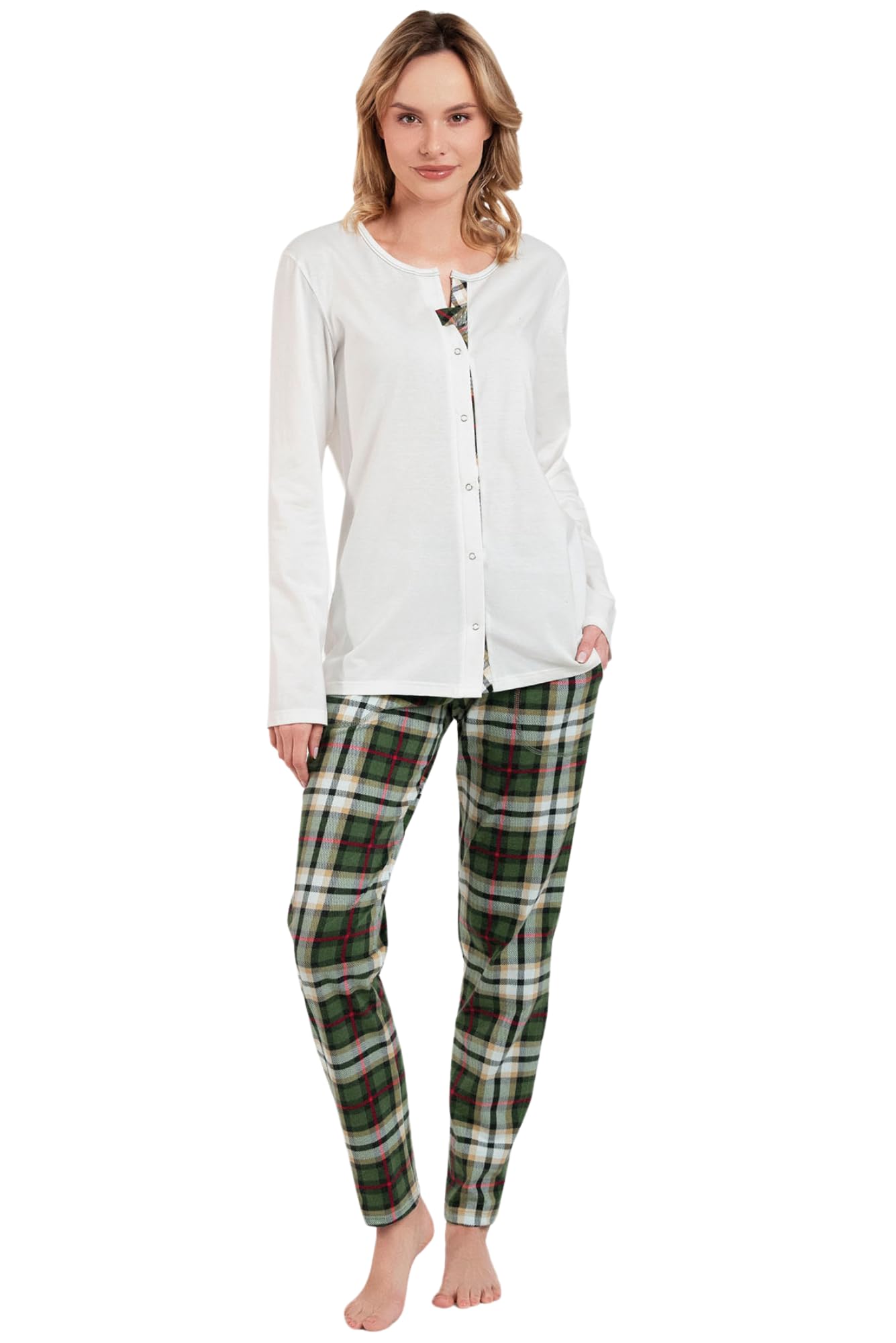 Italian Fashion Pyjama Femme Coton | Ensembles de Pyjama Femme avec Boutons | Pyj' Hiver Chaud | Vêtements de Nuit | 2 Pièces avec Haut à Manches Longues S-XXL