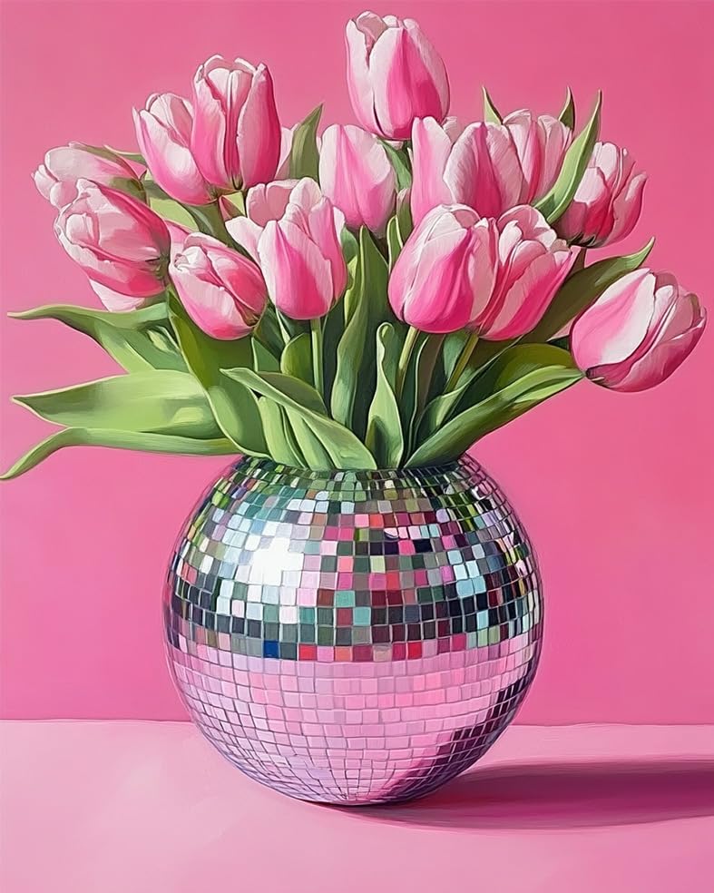 Pink Tulips Painting by Numbers Kits 16x20 inch Canvas Disco Ball Vase Pattern DIY Oil Painting for Kids, Adults Beginners with Brushes Acrylic