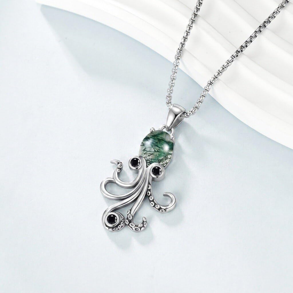 URONE Oktopus Kette S925 Sterlingsilber Moosachat/Mondstein/Schwarzem Onyx/Weißem Opal/Blauem Opal/Türkis Oktopus Anhänger Haslkette Meeresschmuck Geschenke für Damen