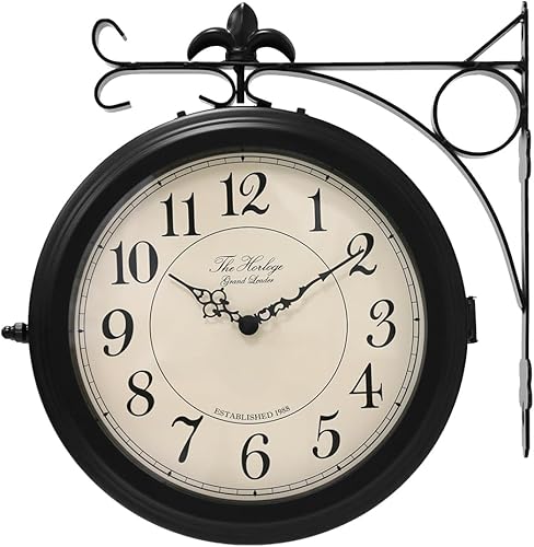 Miniatura 1 de BESTIME 66276B Reloj de pared de metal de doble cara con marco negro. Esfera 10 pulgadas, silencioso, fácil de leer, estación retro, relojes