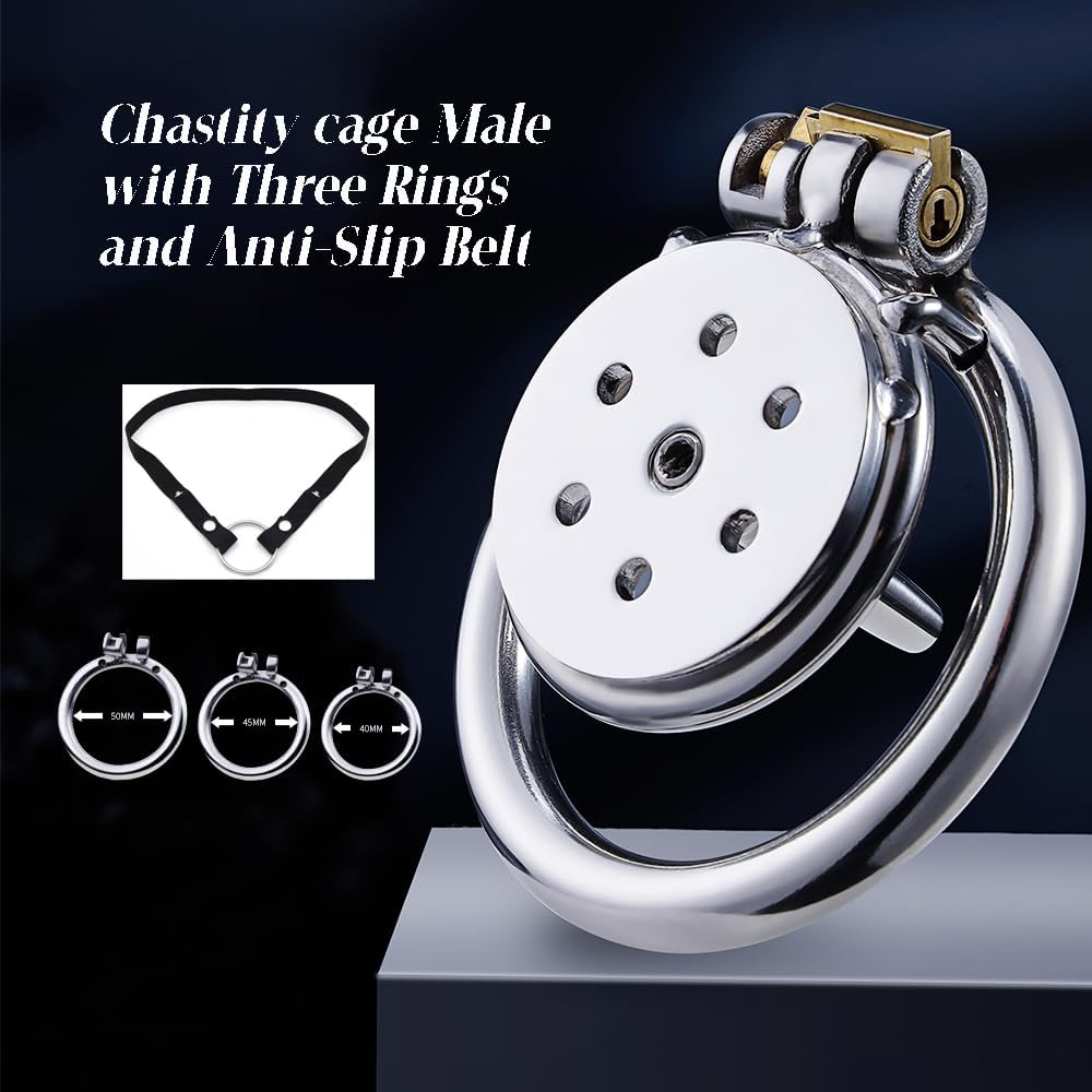 Gabbia di castità in acciaio inossidabile con forma piatta, 3 misure di anelli, set con cintura per uomo con apertura uretrale, indossabile e invisibile (silver,S)