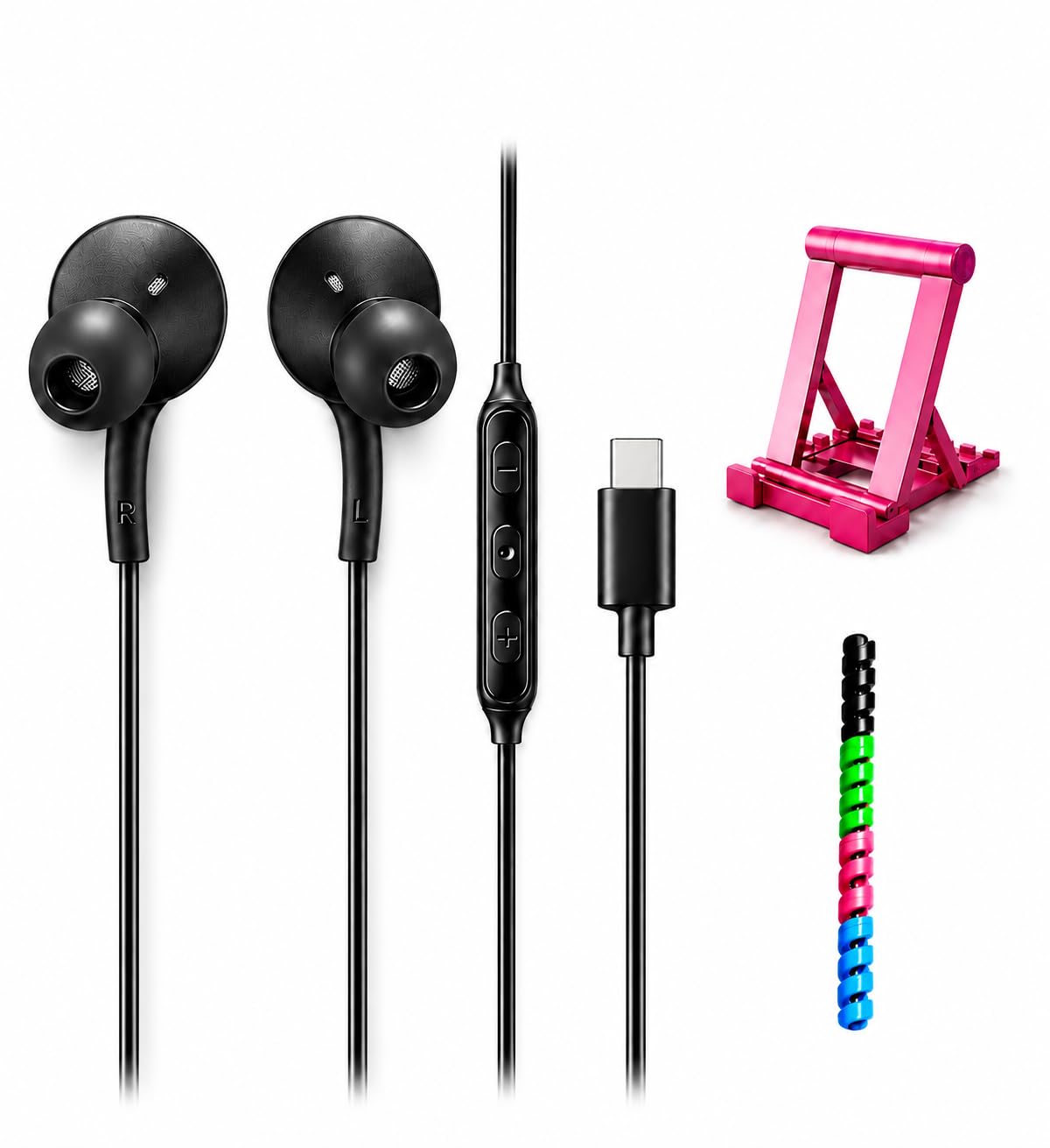 Premium Type-C Wired Earphones, Black, in-line Mic, Comfort Fit, with Adjustable Phone Stand and Cable Protector-picture-16