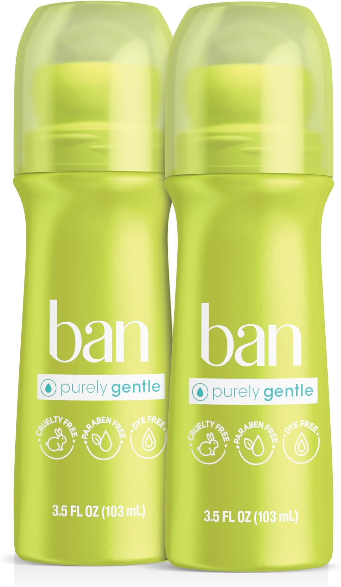 Ban Purely Gentle 24-hour Invisible Antiperspirant, Roll-on Deodorant for Women and Men, Baking Soda Free, Hypoallergenic, For Sensitive Skin, Paraben Free, Cruelty Free, Sulfate Free, 3.5oz, 2-pack