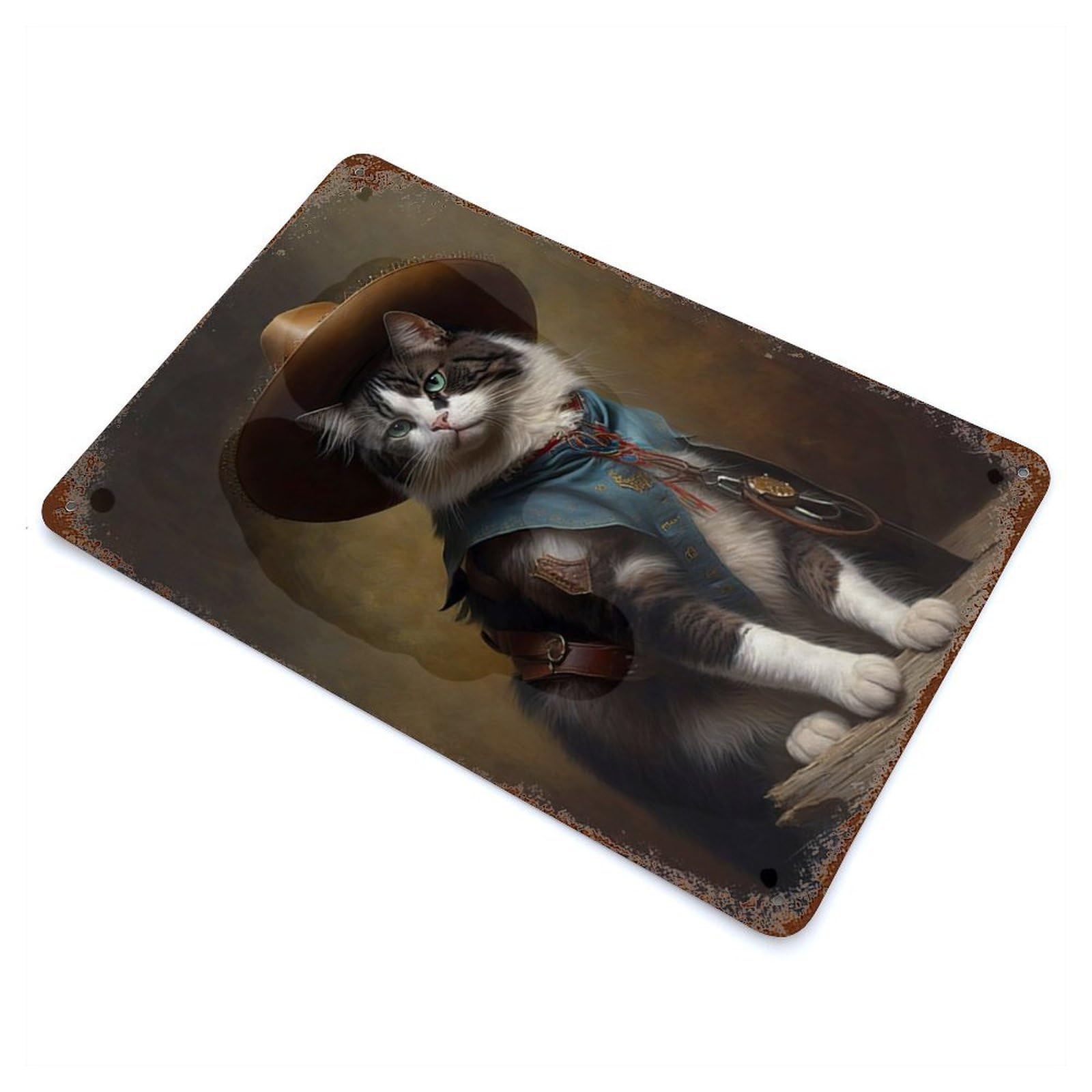 Cowboy Cat Retro Metal Sign 11.8"x7.9", for Pub, Kitchen And Man Cave Decor, Industrial Home Decor