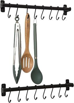 simplywire - Kitchen Utensil Holder and Organiser - Pack of 2 - Black | Wall Mounted Rail Pan Rack - 16 Hanging Hooks