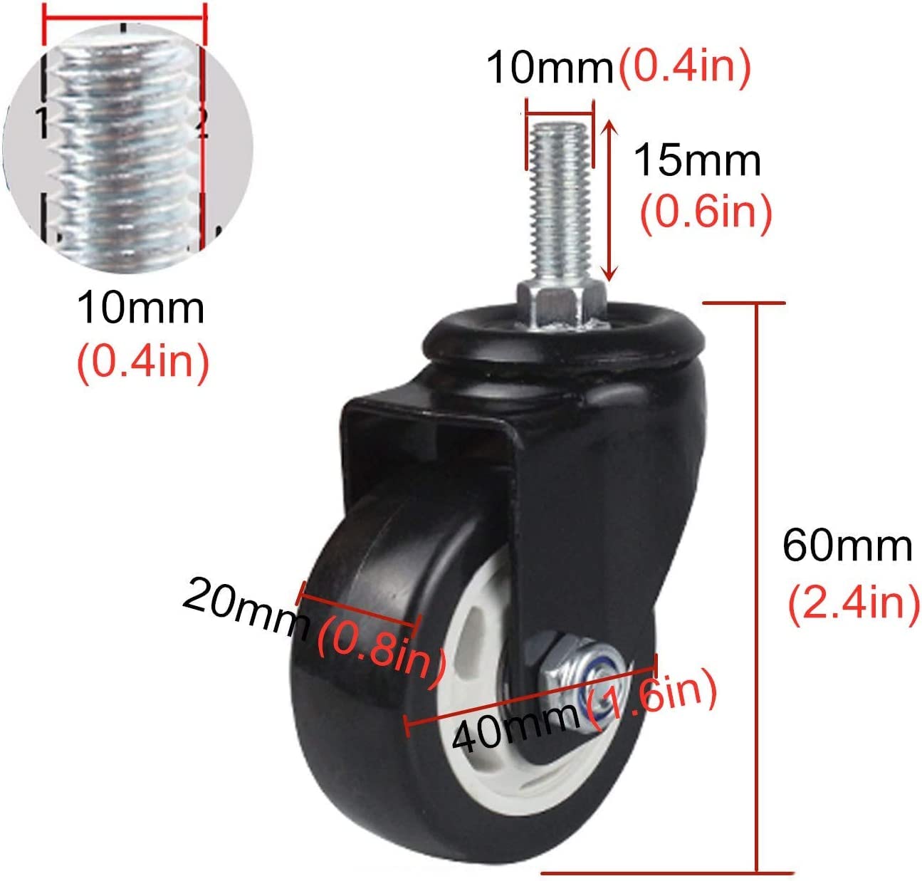 Rotelle for ufficio Rotelle for mobili for carichi pesanti, Rotelle con stelo, Ruote in poliuretano da 40 mm, Ruote girevoli for carrello, Rotella di ricambio, Altezza stelo filettato 15 mm, Portata 1
