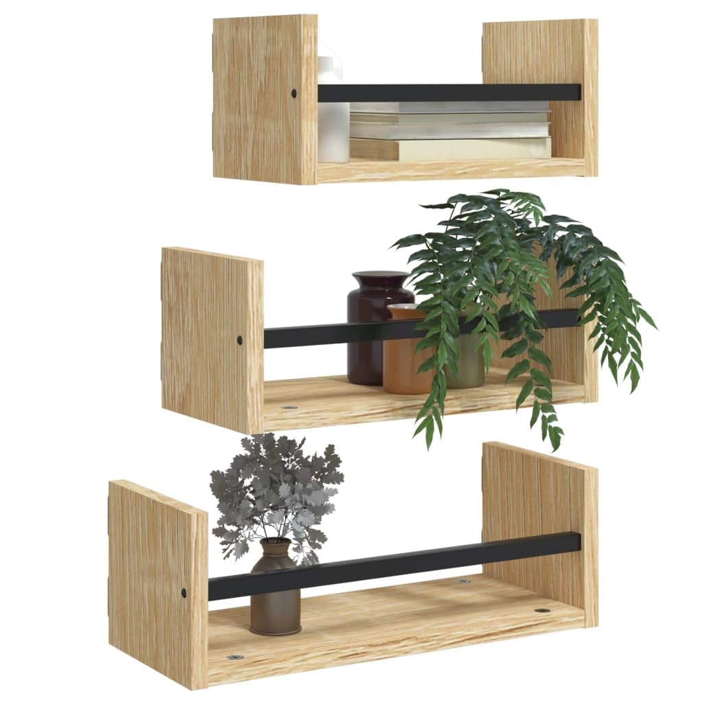 Juego de 3 estantes flotantes de pared con barras de roble Sonoma, madera y acero, 30, 35, 40 x 16 x 14 cm, soporte invisible para salón, dormitorio, cocina, baño y pasillo