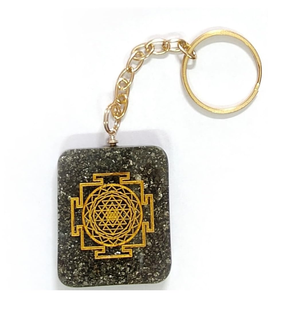 Shree Yantra Laxmi Ji Yantra With Natural Pyrite Crystal Chips Inside Orgone Key Chain Key Ring-image-8