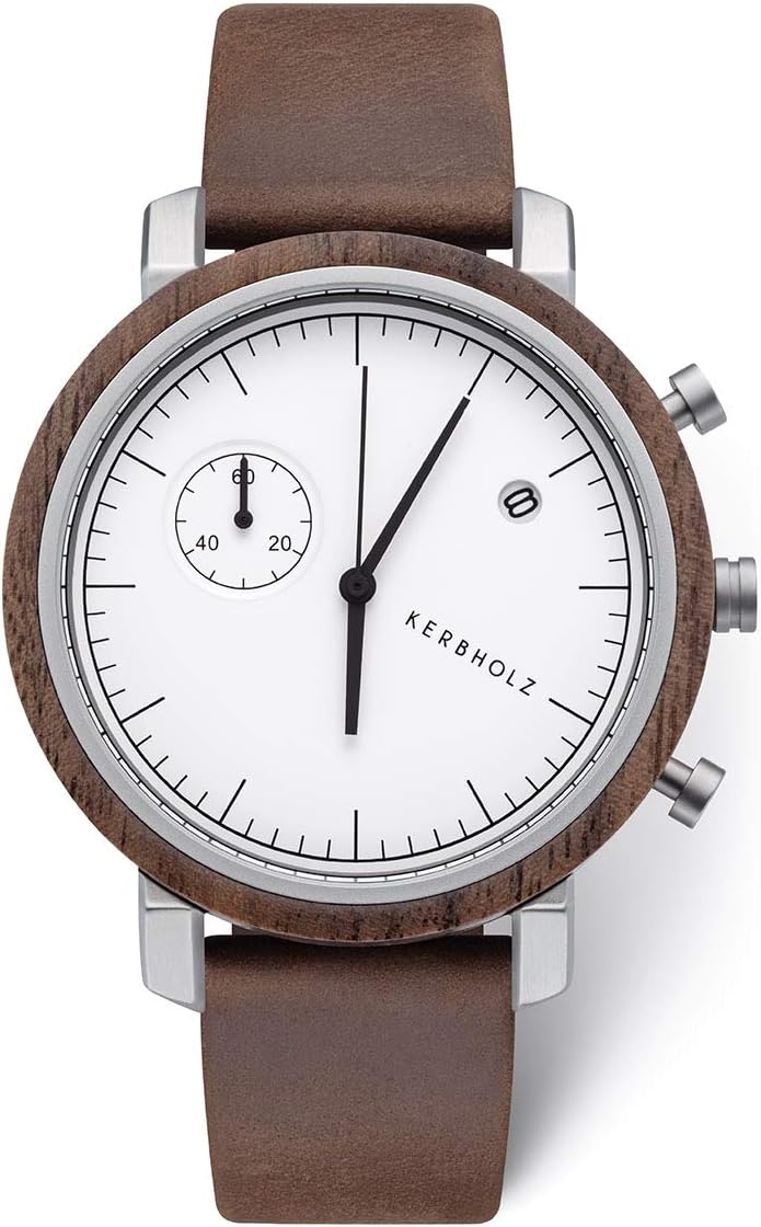 KERBHOLZ Masterpieces Collection Franz Analogue Men's Quartz Watch with Date Display and Stopwatch Function, Natural Wood Case, Genuine Leather Strap, Diameter 46 mm