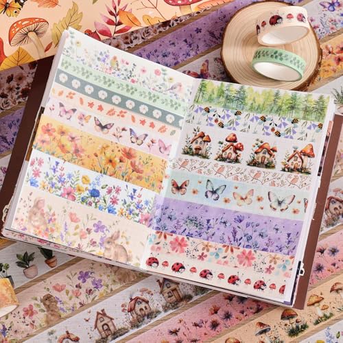 Image of PAGEMORE 27 Rolls Vintage Washi Tape Set, Floral Butterfly Forest Mushroom Botanical Flower Writable Decorative Tapes for Scrapbooking, Junk Journal Supplies, Bullet Journaling 9.84ft Long /Roll